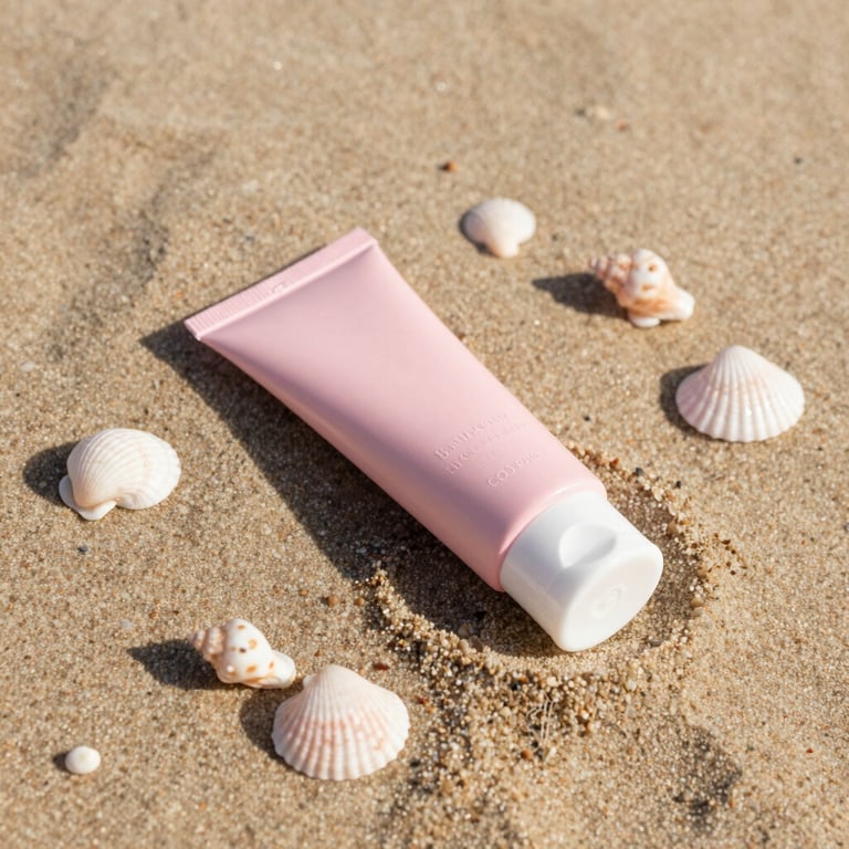A tube of natural sunscreen lying on warm sand beside small seashells, bright Baja coastal sunlight, soft shadows