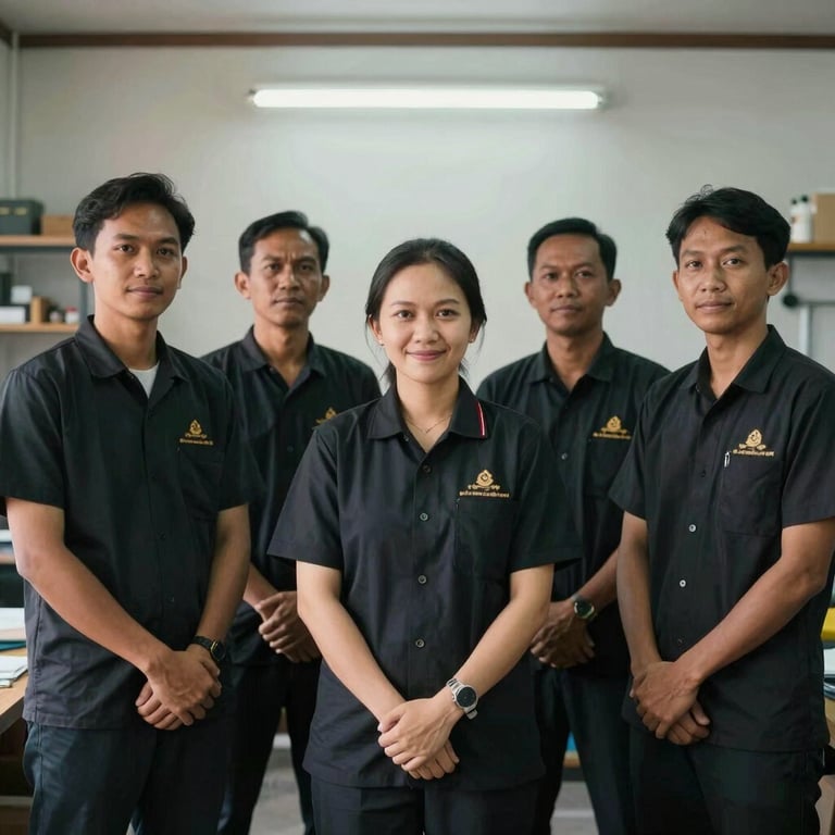 A heartfelt portrait of a professional team in Indonesia, standing in front of their workspace, radiating a friendly and approachable mood.