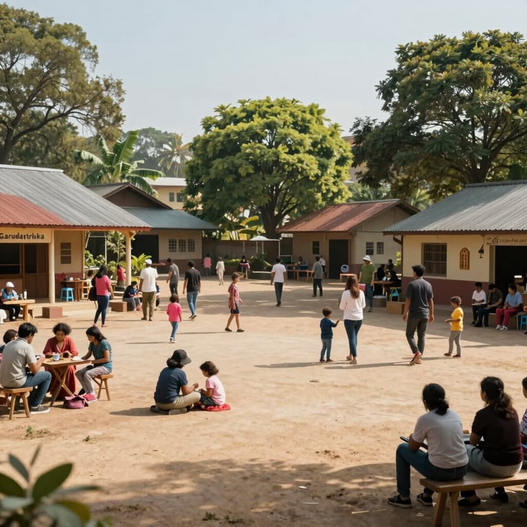 A wide shot of a community space designed by Garudatrieka, filled with families and vibrant sunlight.