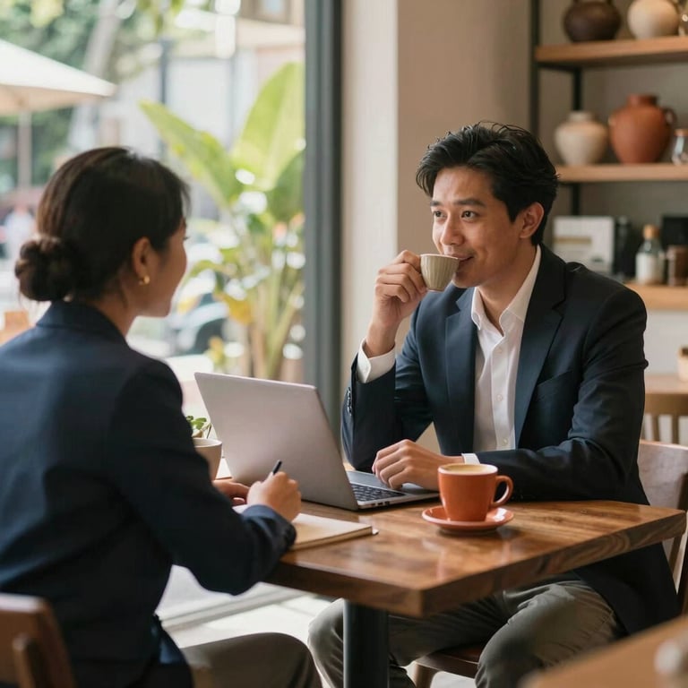Interaction between two business partners in a sun-drenched cafe in Bali, focusing on genuine human connection and terracotta accents.
