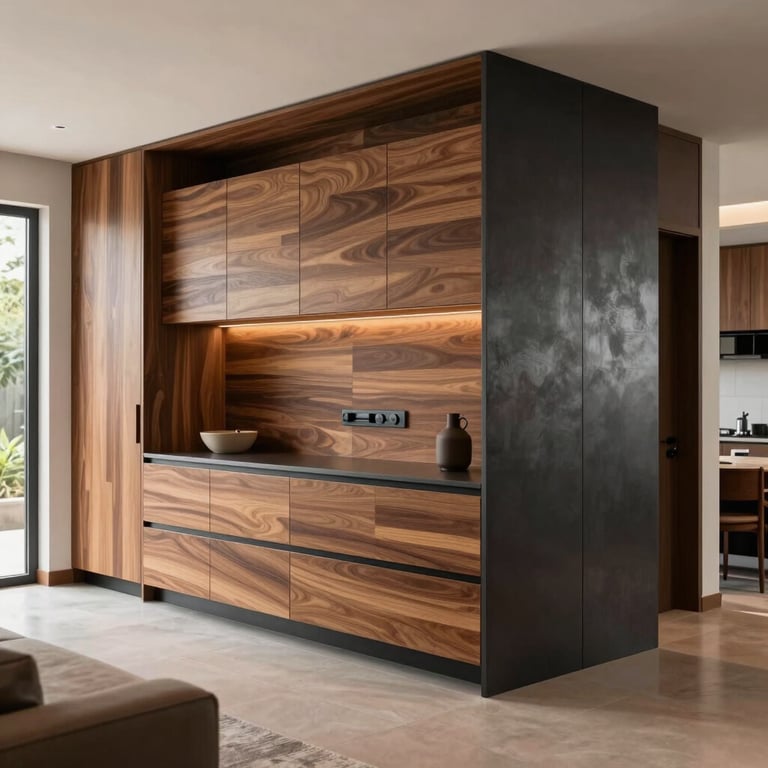 A beautifully lit interior of a modern Indonesian home, highlighting the textures of wood and charcoal-colored steel.