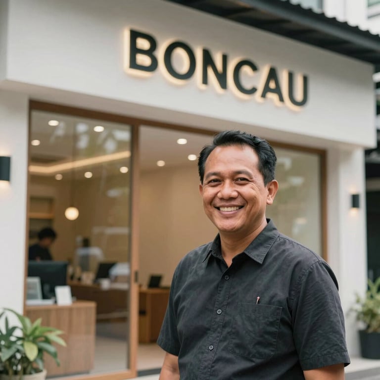 A candid and honest photograph of an Indonesian business owner smiling proudly next to their newly designed shopfront.