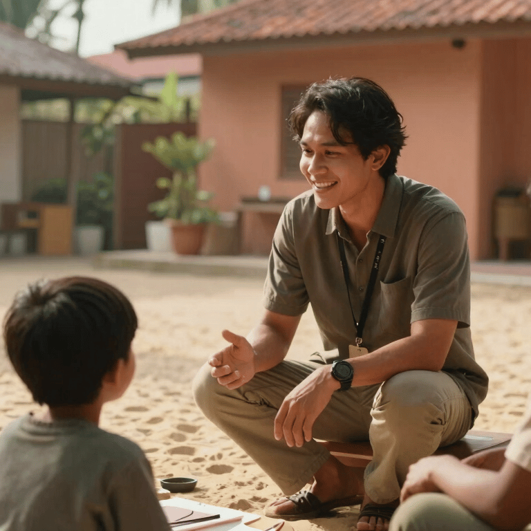 A cinematic shot of a completed architectural project in Jakarta, featuring warm sunlight hitting soft sand stone walls.