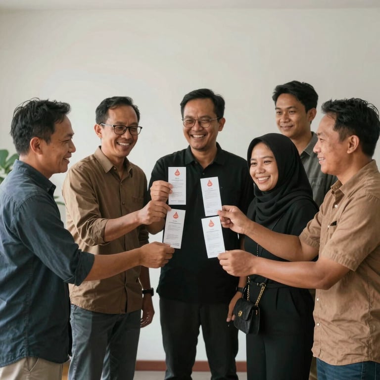 Happy Indonesian clients celebrating a project milestone with a team, captured in a natural and authentic style.