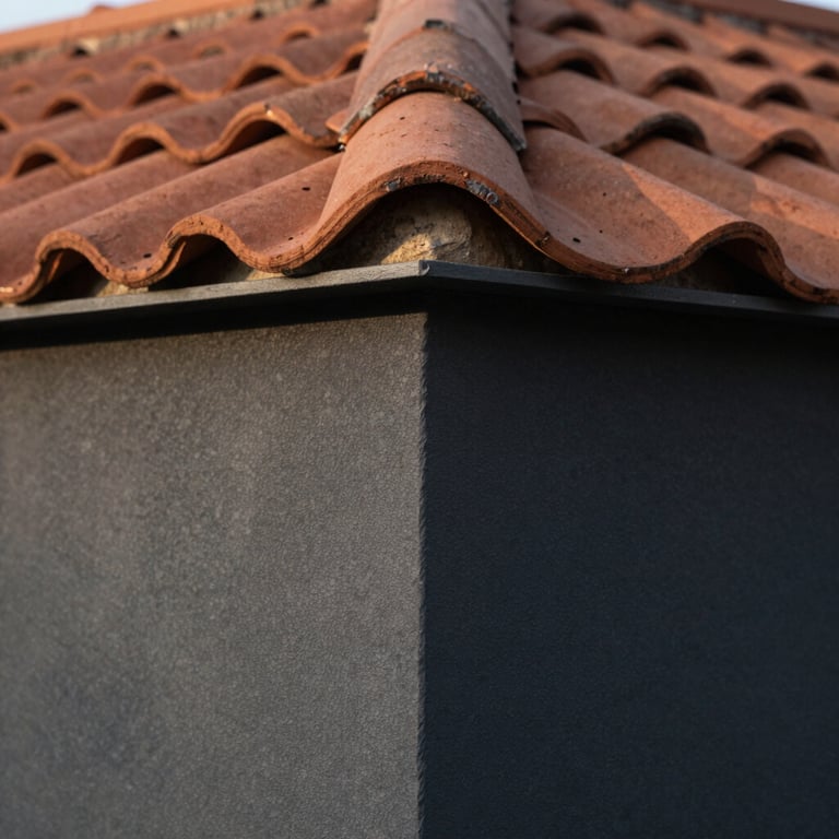 Detail shot of architectural textures including terracotta tiles and smooth charcoal surfaces under soft morning light.