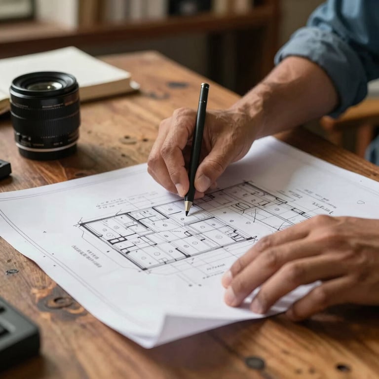 A cinematic close-up of hands reviewing blueprints on a rustic wooden table in a warm, Southeast Asian office environment.