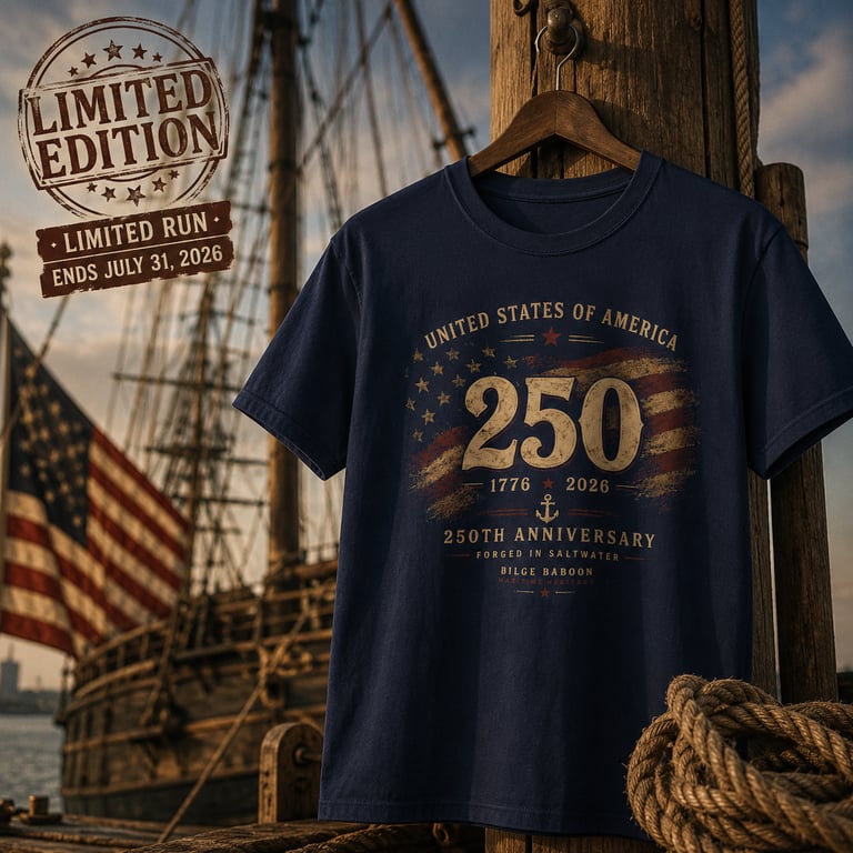 Limited edition 250th anniversary USA t-shirt hanging on a wooden post with a vintage ship and American flag.