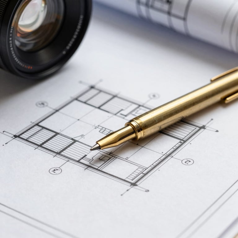 Close-up macro shot of architectural blueprints on a desk with a brass pen, high-contrast daylight, sharp geometric lines