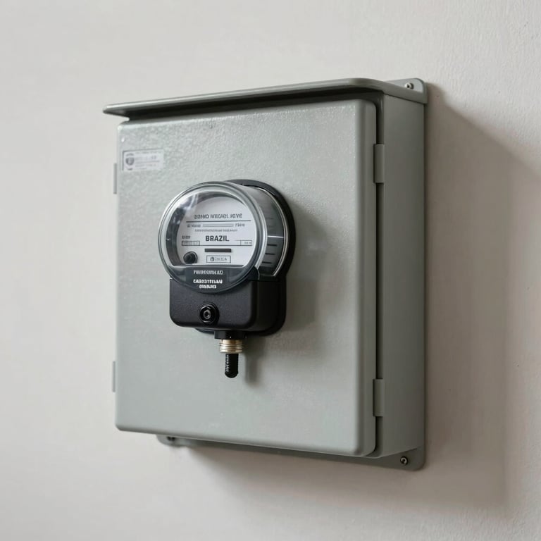 A close-up of a new residential service entrance meter box installed on a neat external wall in Brazil.