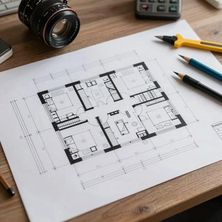 Overhead view of a detailed electrical floor plan for a residential project on a clean desk with drafting tools.