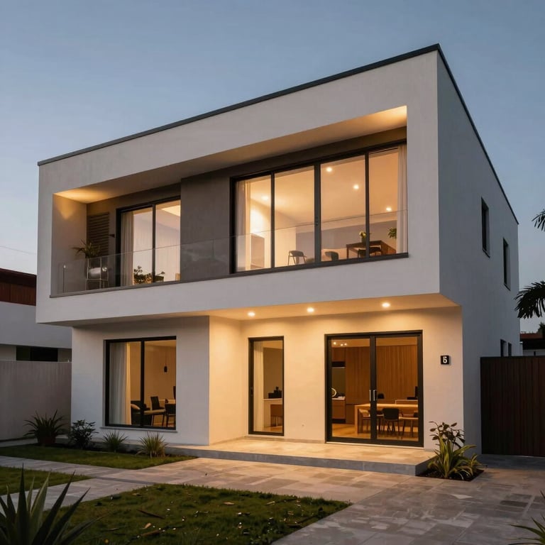 A modern South American house facade at dusk with expertly designed architectural lighting and secure infrastructure.
