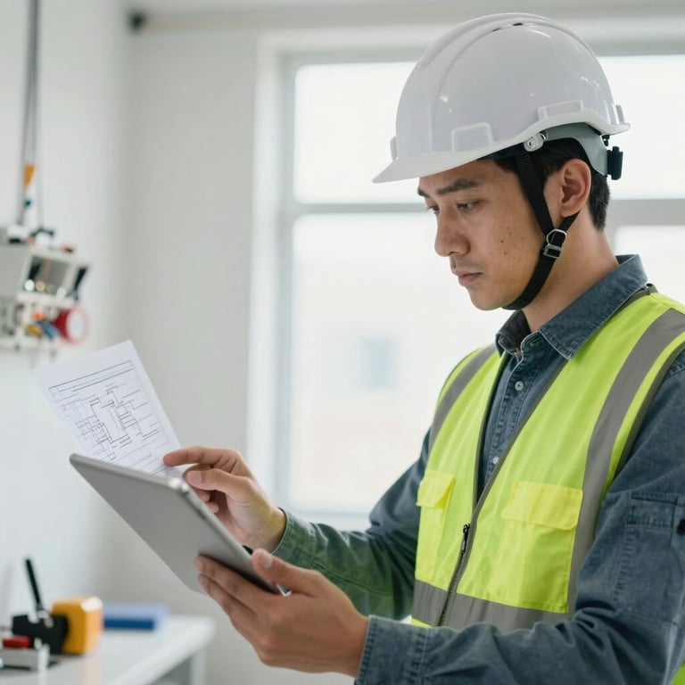 A professional electrician wearing a safety helmet and vest, reviewing a technical diagram on a tablet in a bright room.