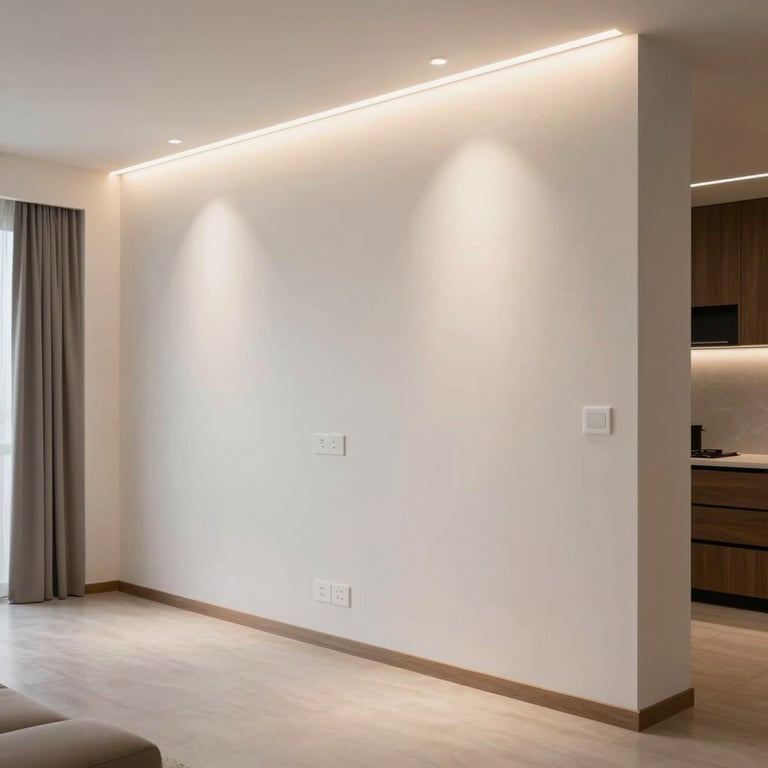 Interior photography of a modern living room with integrated LED lighting, highlighting clean electrical finishes in a South American home.