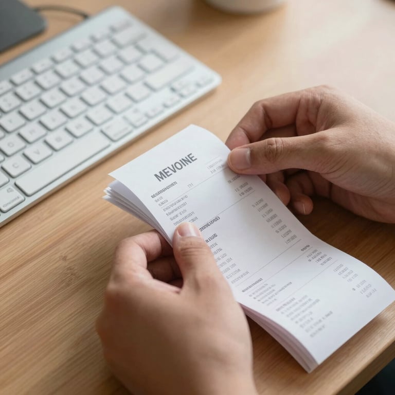 Close-up of hands organizing receipts and documents next to a clean keyboard on a wooden desk, soft natural light.
