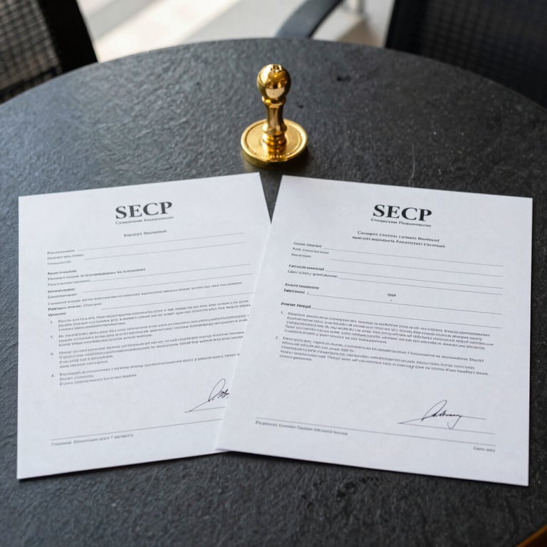 Flat-lay of signed SECP corporate registration documents and a gold seal on a dark slate table, professional editorial photography, sharp focus.