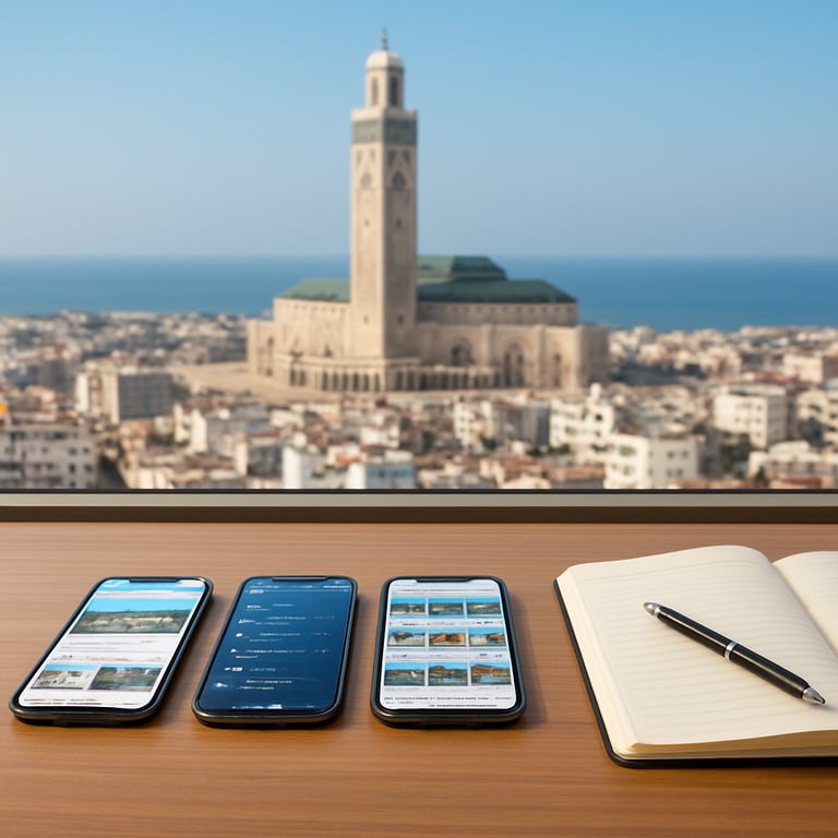 A social media manager's desk with multiple smartphones, a notebook, and a view of the Casablanca skyline.