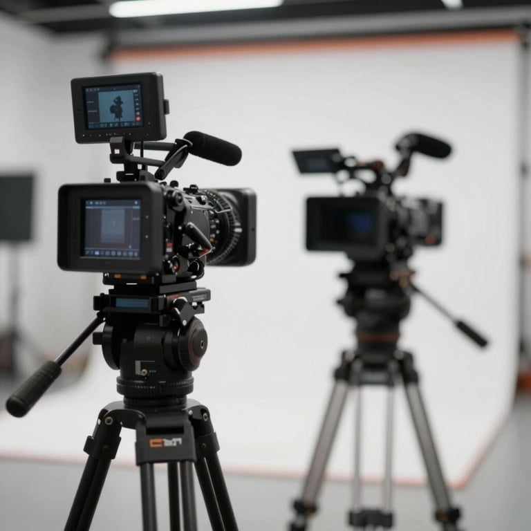 Behind-the-scenes of a video shoot for a client, showing professional cameras and lighting in a bright studio.