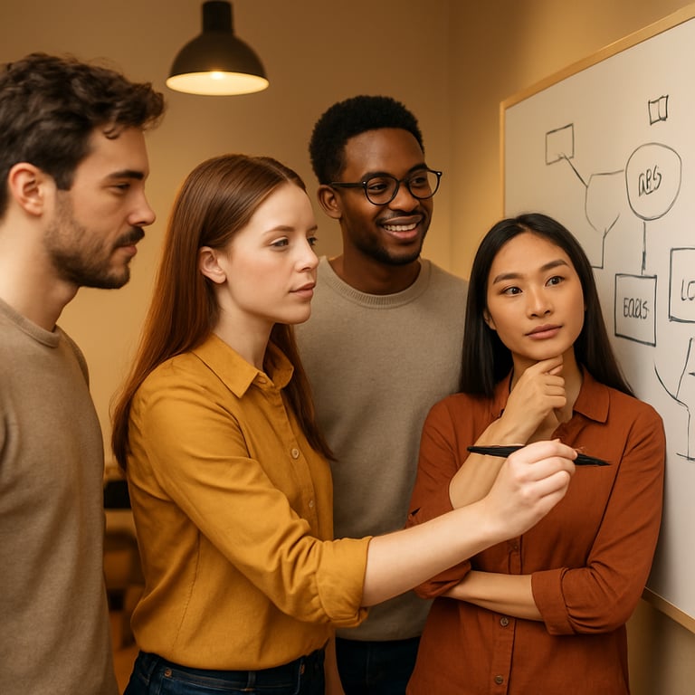 A collaborative workshop session where the team is brainstorming on a whiteboard under warm lighting.