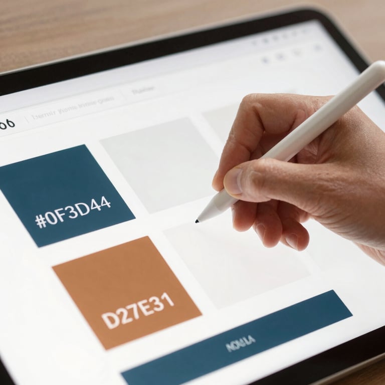 A close-up of a designer's hand using a stylus to create a website layout featuring #0F3D4D and #D27E3B colors.