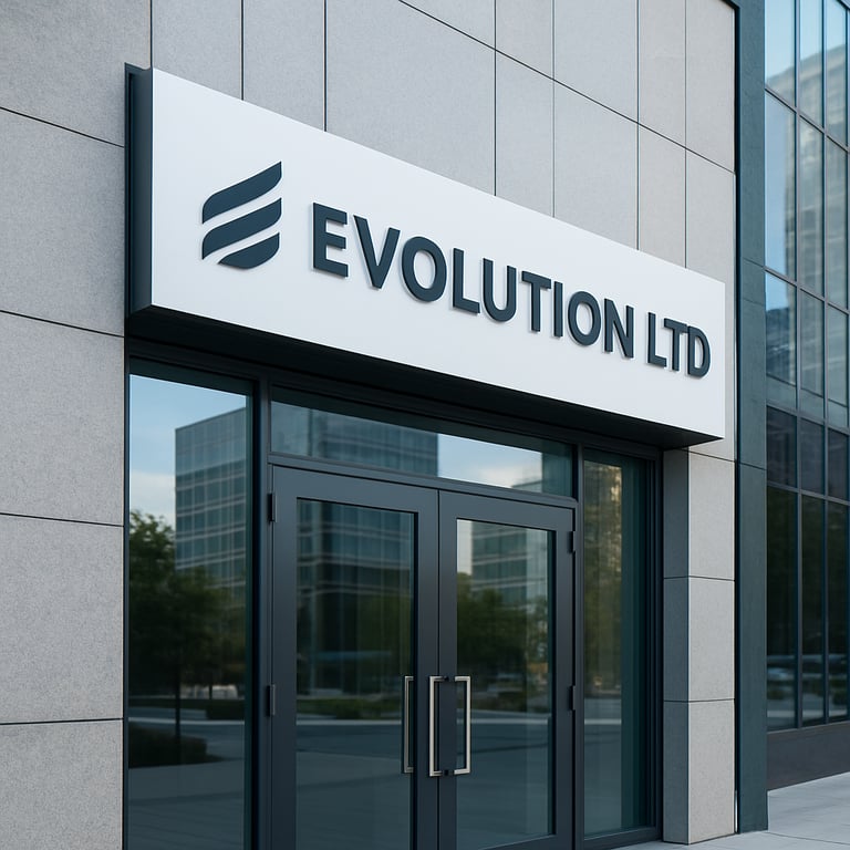 The exterior entrance of Evolution LTD in Casablanca, showing a clean, professional signage in a modern business district.