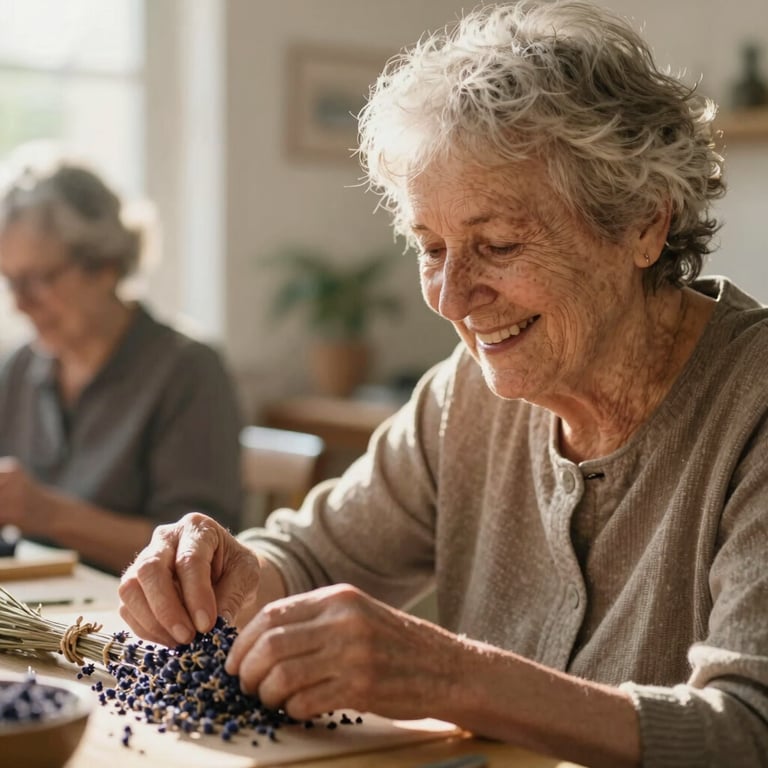 An elderly person smiling warmly while touching dried lavender buds during a workshop, soft golden sunlight, shallow depth of field, natural and emotional atmosphere.