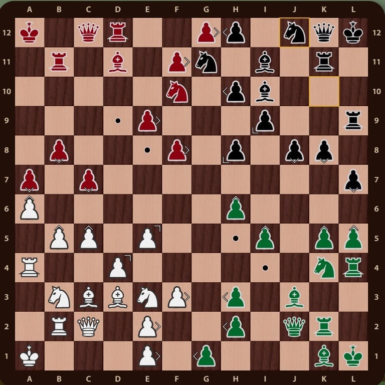 Problema Quaternity en un tablero de 12x12 con 144 casillas y 4 ejercitos de colores. Mueven verdes.