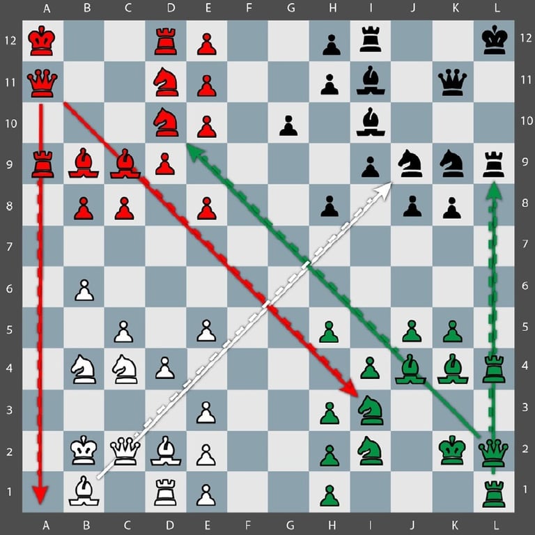 Movimiento Tactico Quaternity en un tablero de 12x12 con 144 casillas y 4 ejercitos. Batería