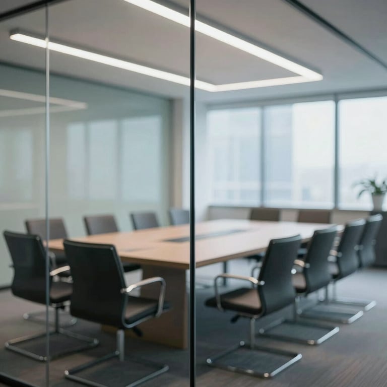 Interior of a modern glass conference room with empty chairs, symbolizing readiness for strategic planning sessions.
