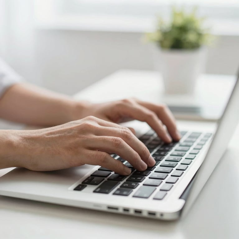 A close-up of hands typing on a modern metallic laptop keyboard in a bright, clean workspace environment.