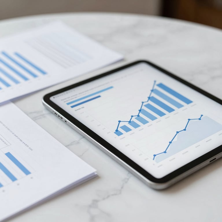 Professional documents and a digital tablet showing growth graphs on a white marble surface with sharp, professional focus.