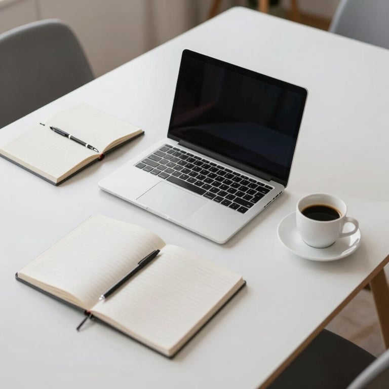 A top-down view of a minimalist meeting table with a laptop, notebooks, and a cup of coffee, lighting is soft and professional.