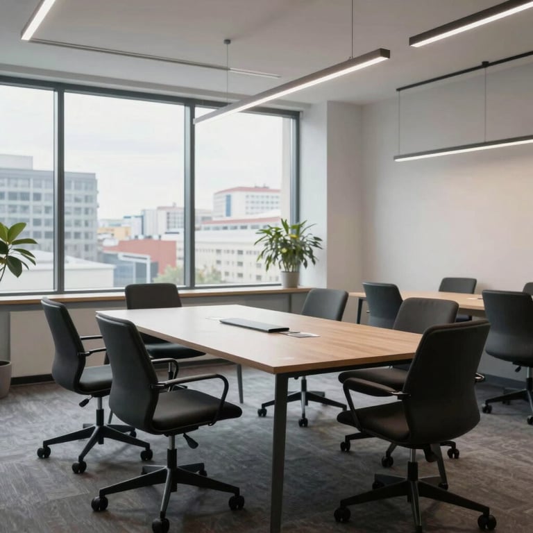 A meeting room in a Ukrainian tech startup with modern furniture and a minimalist aesthetic. Large windows showing a cityscape.