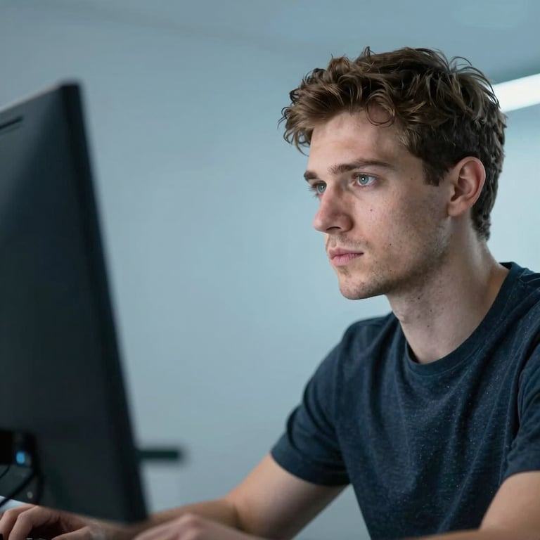 A professional developer in Eastern Europe looking thoughtfully at a screen, light blue ambient light on their face.