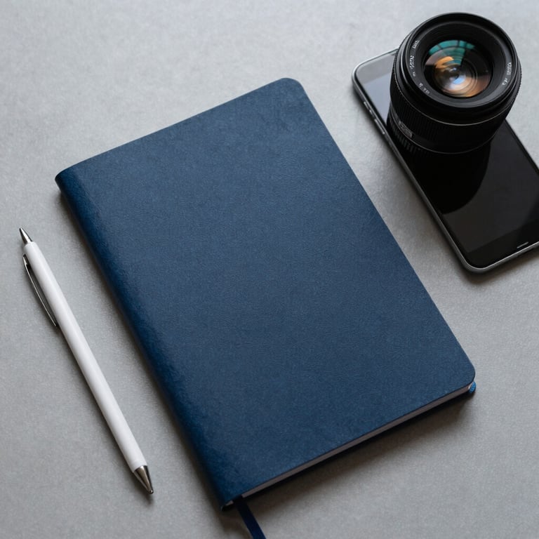An overhead shot of a clean workspace with a notebook and an Android device, featuring dark blue and grey tones.