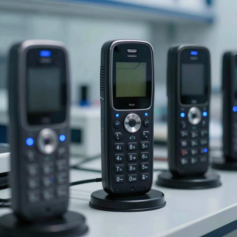 A close-up of high-tech mobile devices with subtle blue indicator lights in a secure, professional testing lab.