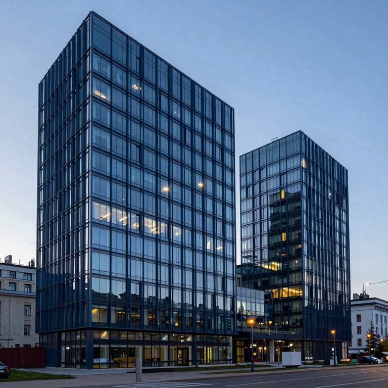 The architecture of a modern tech hub in Kyiv, Ukraine, featuring glass and steel blue metal during blue hour.