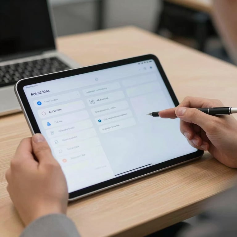 A close-up of a person's hands in a Kyiv office, using a clean, modern Android tablet showing a sleek interface. Professional studio lighting.