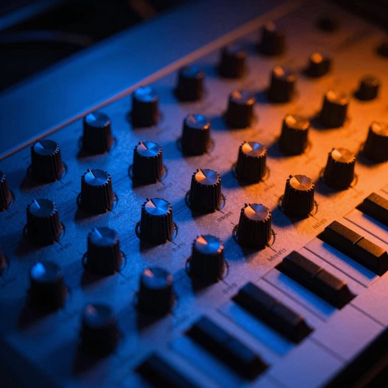 Extreme close-up of vintage analog synthesizer dials glowing under electric blue and solar orange light, high contrast, 35mm lens.