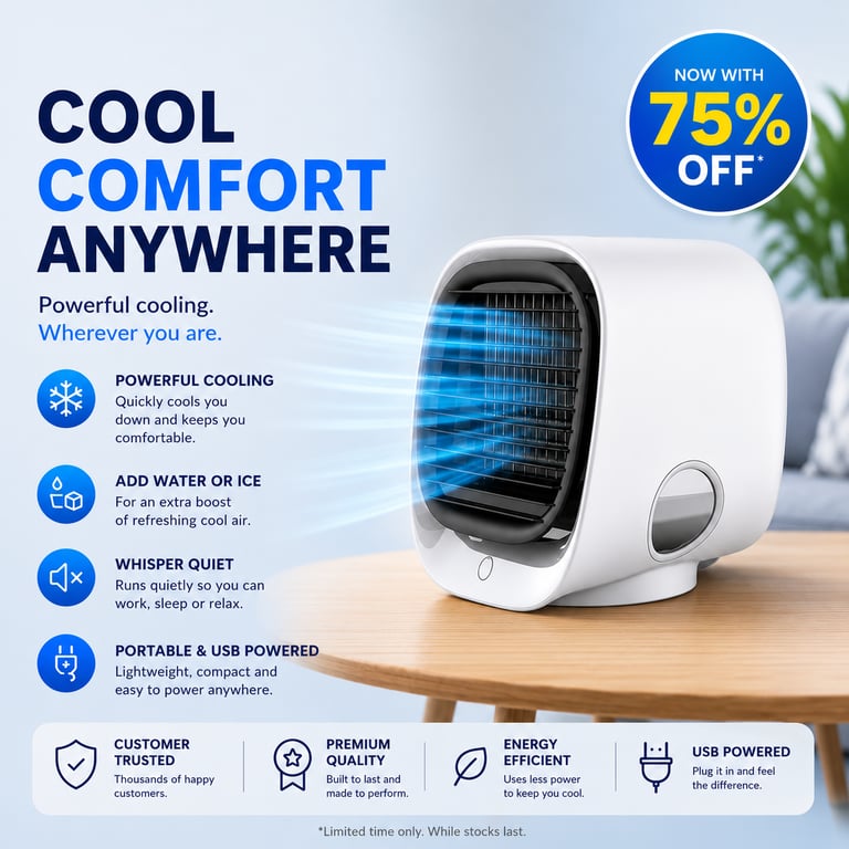 Airabreeze portable air cooler with 75% off, powerful cooling and USB-powered design.