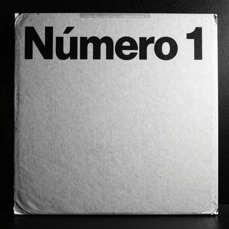 High-contrast black and white photo of the original 1990 'Número 1' vinyl sleeve, harsh flash, deep shadows, showing the minimalist typography on textured cardboard.