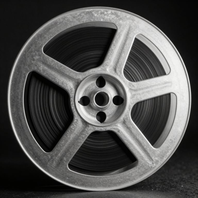 Extreme close-up of a vintage analog tape reel spinning in a low-light studio, silver metallic reflections, high contrast black and white.