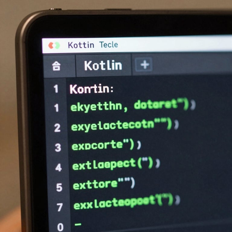 Extreme close-up of a physical Pixel device screen showing a high-framerate Kotlin code editor overlay, sharp electric green edge-lights reflecting off the dark glass.