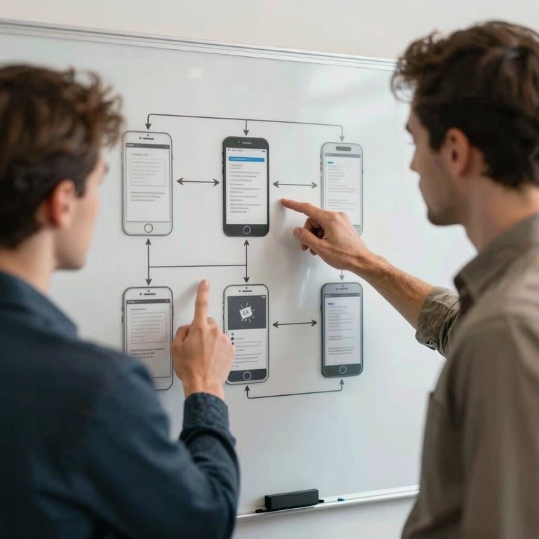Photography of two tech professionals in business casual attire pointing at a whiteboard filled with mobile app architecture diagrams.
