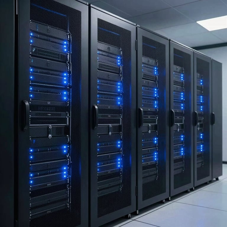 A wide shot of a modern, secure server room with blinking blue lights and a dark charcoal color palette, representing technological power.