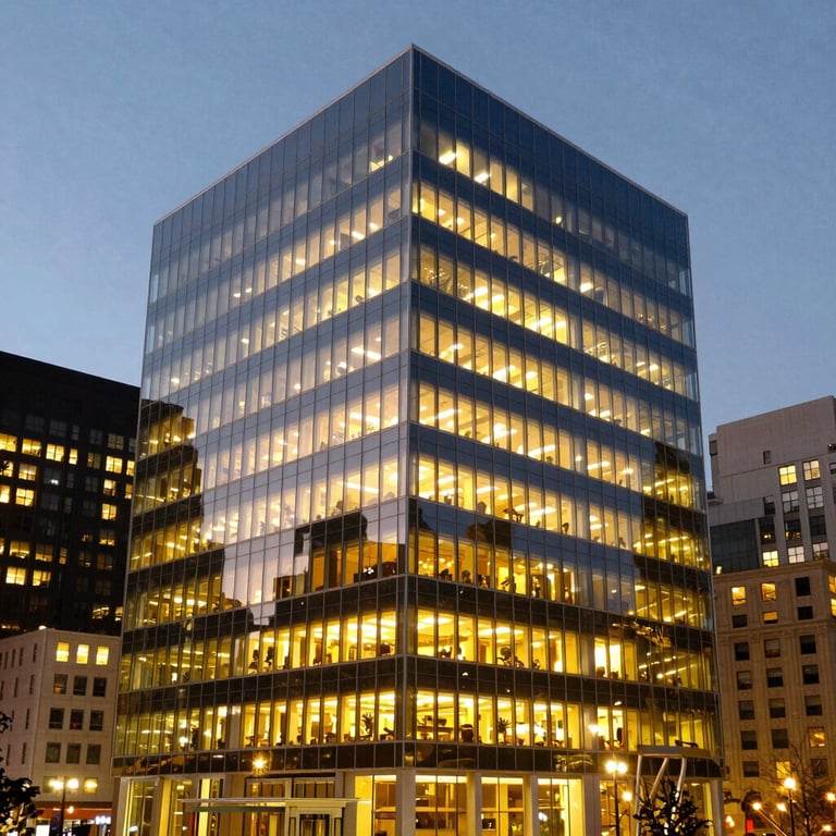 Photography of a modern glass office building in a vibrant North American city center at dusk, glowing with warm golden internal lights.