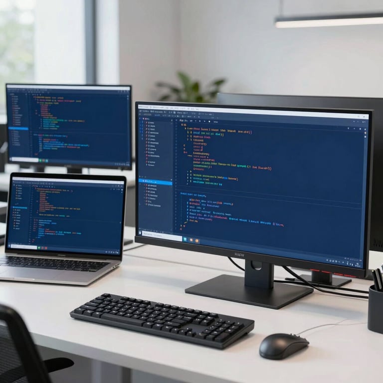 A clean, organized developer workstation in a bright North American office, featuring multiple screens showing deep blue code environments.