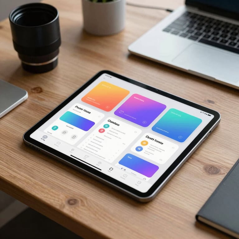 A professional workspace in the US where a tablet displays a colorful and intuitive mobile app UI design prototype on a wooden desk.