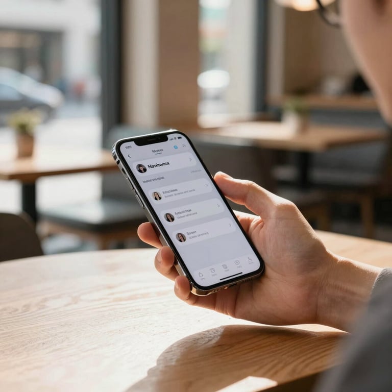 A person using a mobile app on a high-end smartphone while sitting in a clean, sunlit North American urban cafe environment.