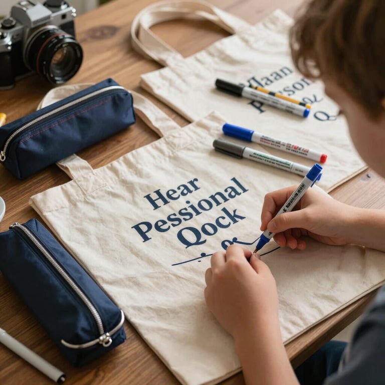 Personalized tote bags and pencil cases being decorated by children with high-end fabric markers.