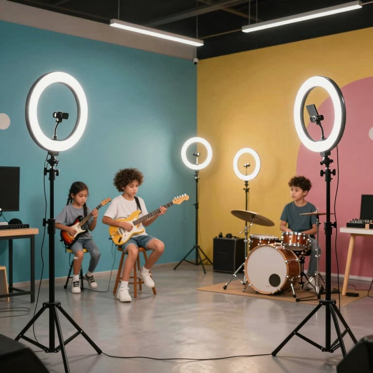 A trendy TikTok zone for kids with professional ring lights, colorful backdrops, and musical equipment.